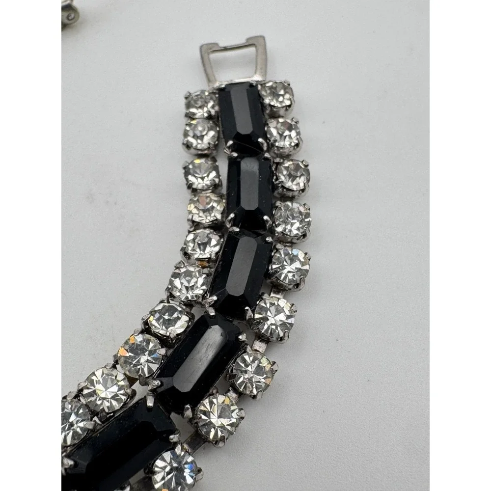 Vintage Rhinestone Bracelet Black Emerald Cut Clear 3 Row Jeweled Clasp MCM
